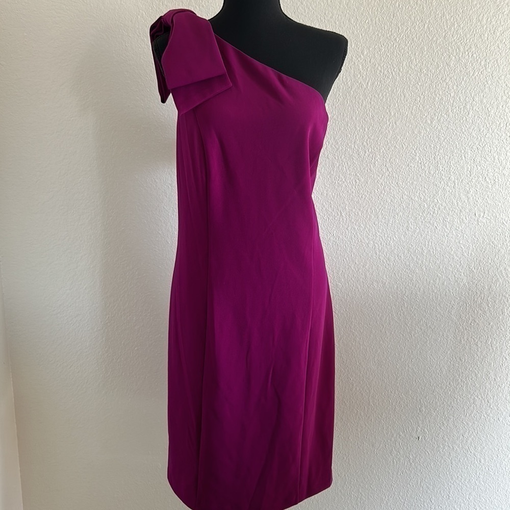NWT Marina One Shoulder Fuchsia Bow Dress Size 14 - Picture 3 of 12